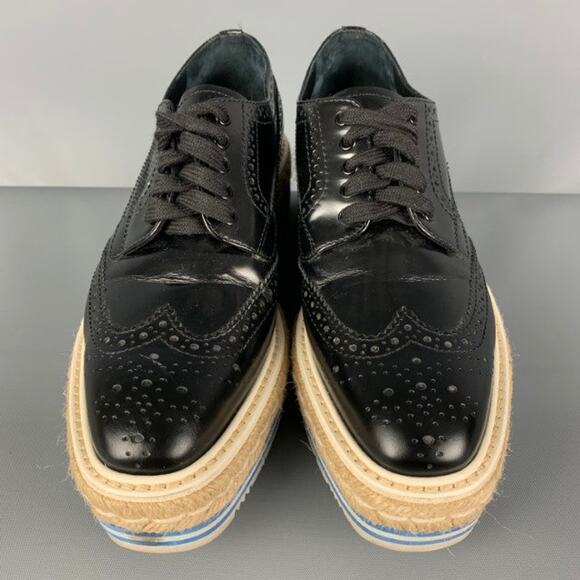 PRADA Size 6.5 Black White Blue Perforated Wingtip Shoes - Picture 4 of 8